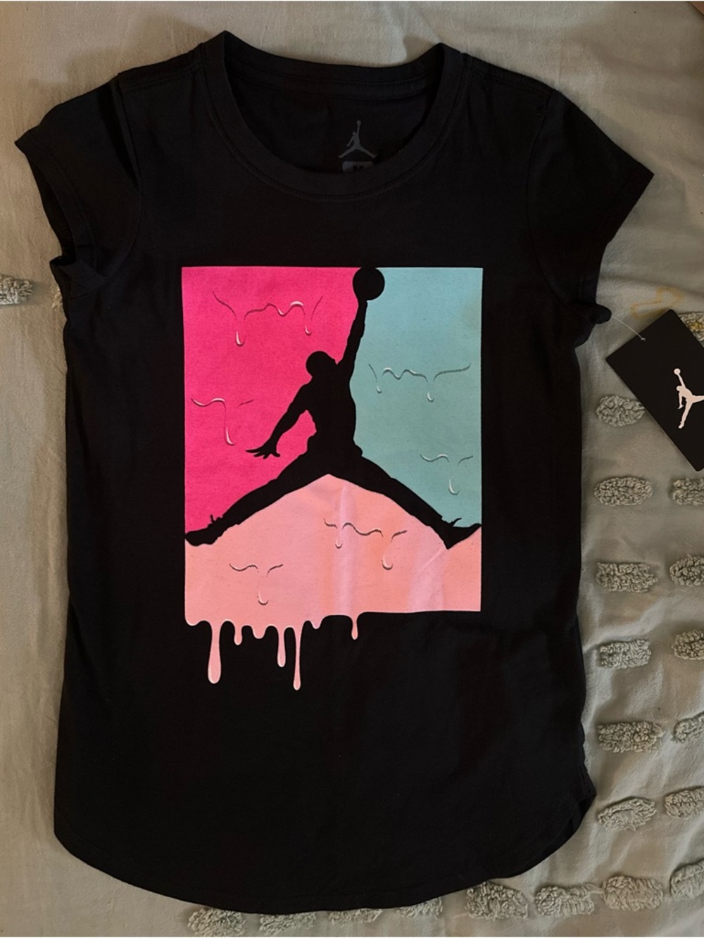 Jordan Black Tee with Pink and Teal Drip Jumpman | Size 10-12 Youth Girls NWT 🏷️ - Picture 9 of 11